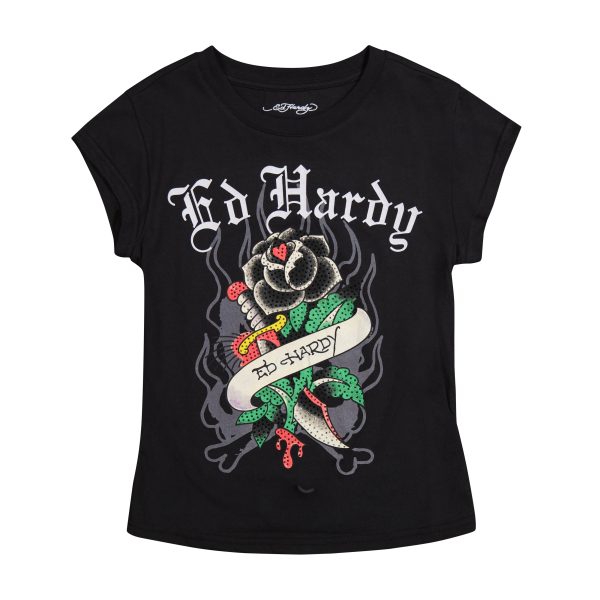 Black Rose Rhinestone Cap Sleeve Tee